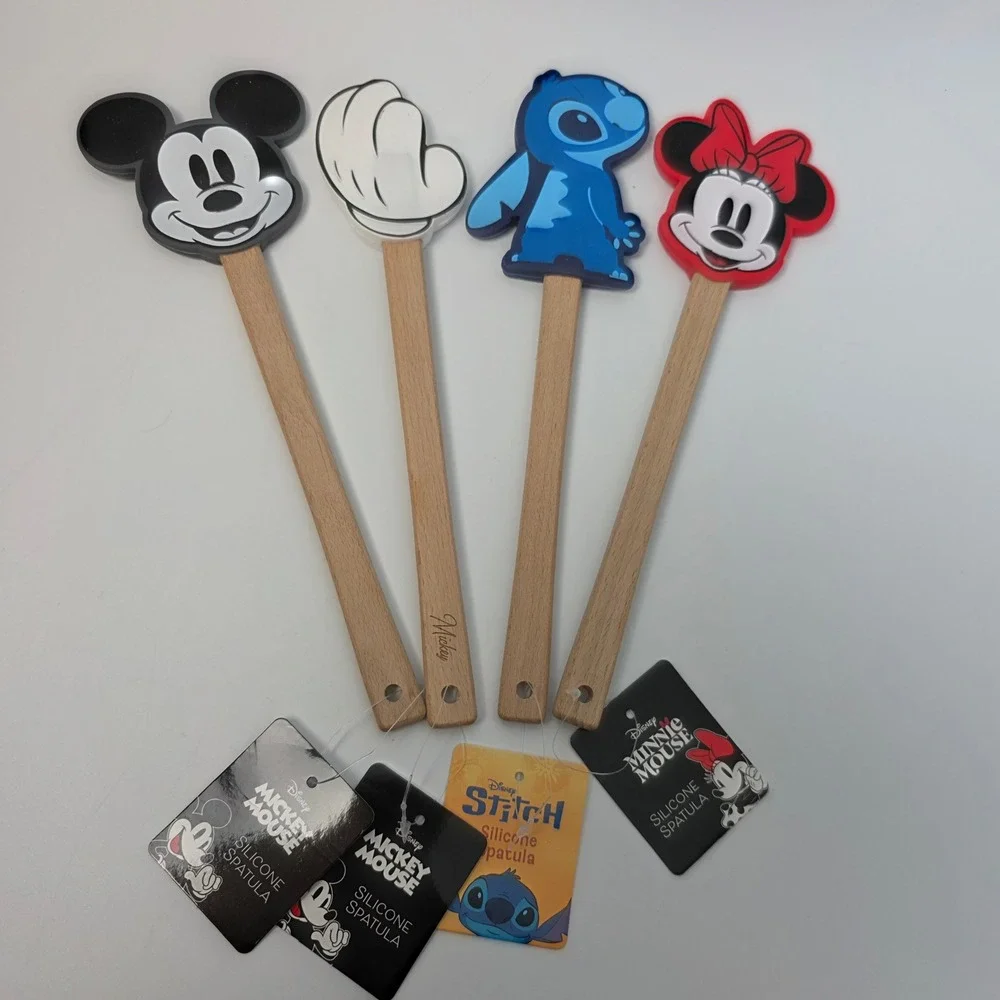 Disney Silicone Spatula Set 4pc Mickey Minnie Mouse Stitch Wood Handle New